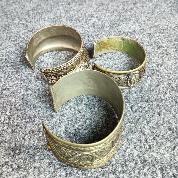 Tibetan Nepal Brass Copper Cuff Bracelets Om Mani Padme Hum Mantra Set of 3 - Picture 9 of 10